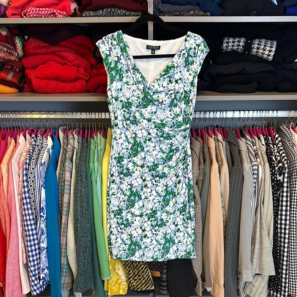 Lauren Ralph Lauren white/green/blue sleeveless side ruched dress size 4